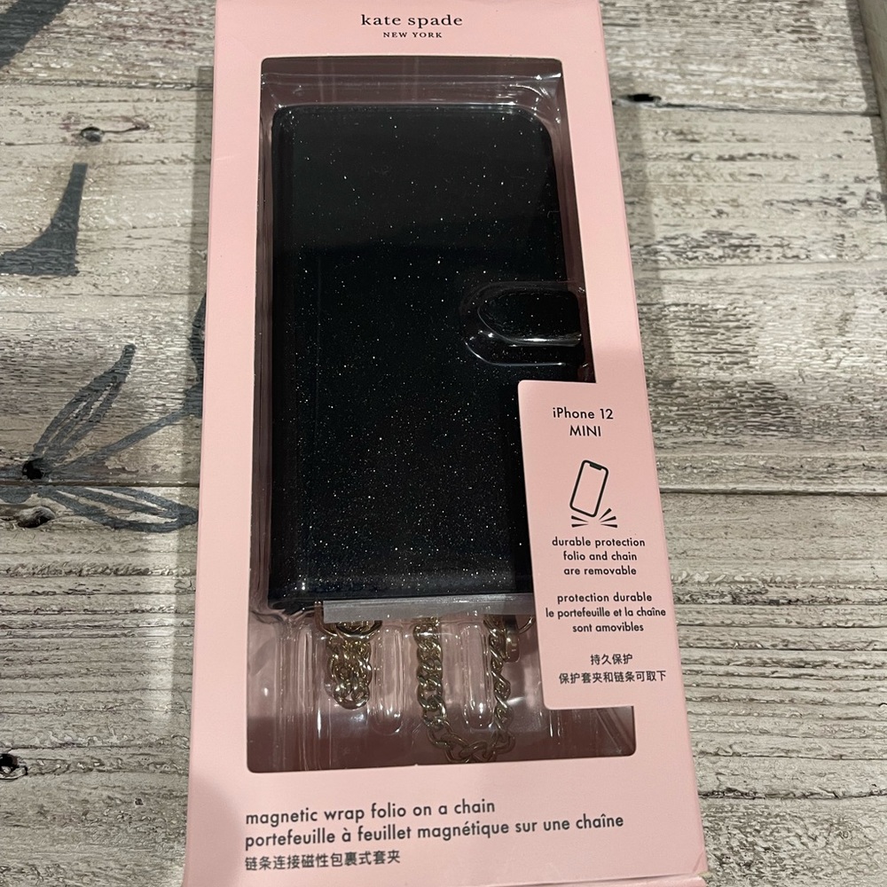 NEW Kate Spade Magnetic Wrap Folio on a Chain Black Glitter Case Crossbody